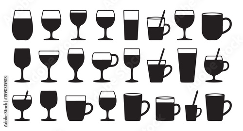 Alcoholic beverage glass silhouette collection isolated on white background for graphics.