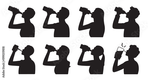 People drinking from bottles and glasses silhouette set illustrating hydration and party.