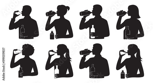 Silhouettes of people holding bottles and drinking for restaurant and social event theme.