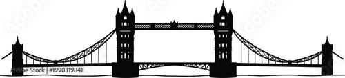 Tower Bridge London silhouette illustration, iconic landmark design, Victorian architecture art, famous city monument graphic, cultural heritage vector, black-and-white drawing