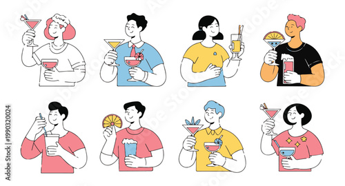 Happy people enjoying colorful cocktails and drinks in flat cartoon illustration style set.