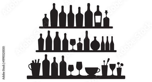 Black silhouette of bottles and glassware on shelves for kitchen or restaurant wall decor.