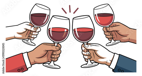 Four diverse people toasting red wine glasses on a white background, celebration moment.