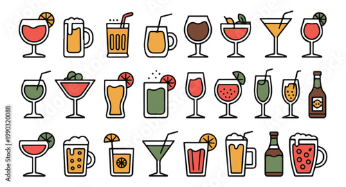 Various colorful beverage icons set with different drinks and glass types.