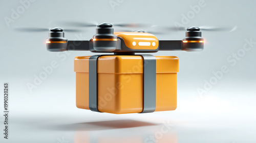 Drone carrying orange parcel in flight