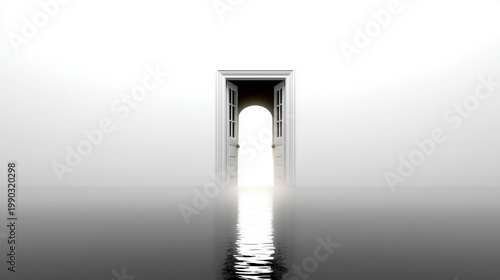 Open door into bright light and water reflection