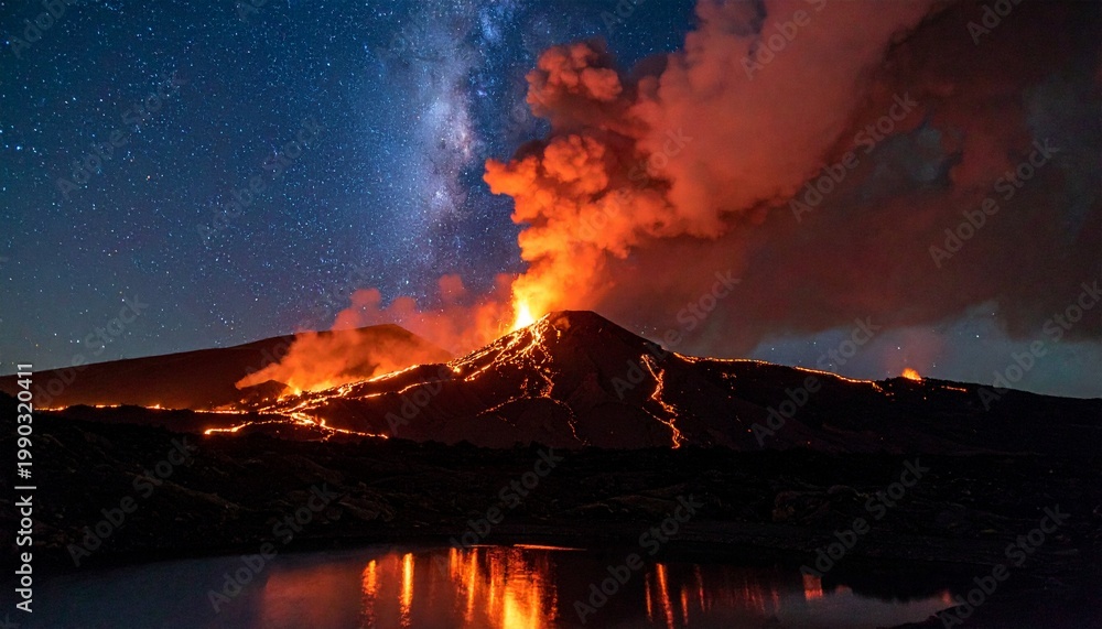 Fototapeta premium Volcano Nighttime Eruption Captured with Long Exposure Glowing Lava Plume