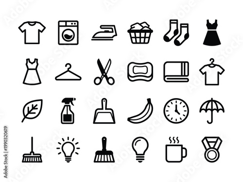 Set of diverse household daily life common object vector line icons laundry cleaning personal items more isolated on white background with washing machine light bulb minimalist collection scissors