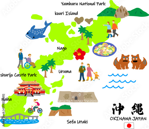 沖縄旅行、手描きの観光スポットと観光客フラットイラスト