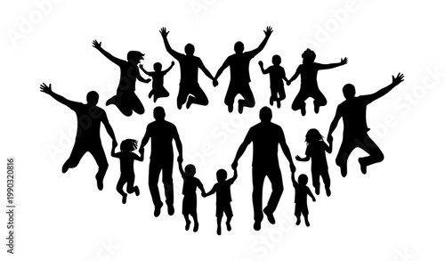 Energetic family silhouettes in circular layout jumping together black vector grandparents parents kids isolated on white