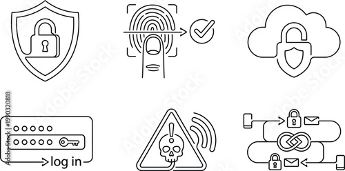 A collection of line art icons representing various aspects of cybersecurity and data protection AI, eps, png, jpg. transparent background.