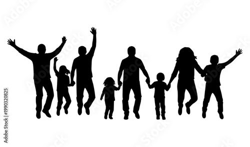 Multi generation family silhouettes jumping with layered depth black vector grandparents parents children isolated on white background