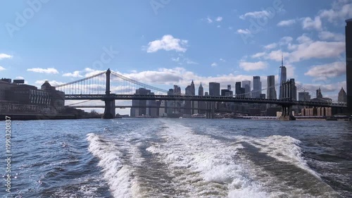 Cinematic New York City  waterfront showcasing iconic skyline, urban architecture, dramatic bridges, and vibrant metropolitan atmosphere, travel USA