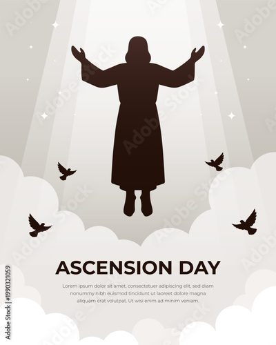 Ascension Day poster with silhouette of Jesus Christ rising to heaven above clouds with divine light and sparkling stars.