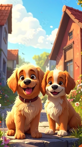 Two cute dogs sitting on a sidewalk in a colorful town