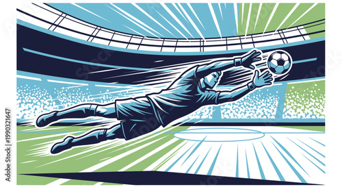 Soccer goalkeeper diving to save ball in stadium illustration