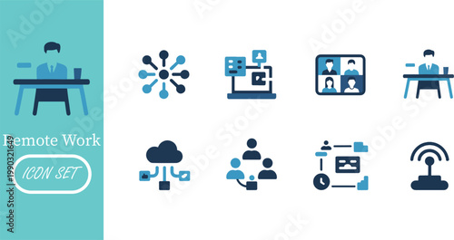 Remote Work and Hybrid Office Icon Set: Video Conference, Digital Collaboration, Cloud Computing, and Freelance Home Office Icons for Virtual Business and Distributed Teams