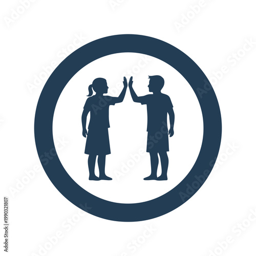 Children High Five Vector Icon – Friendship, Teamwork, Kids Silhouette, Blue Circle Design