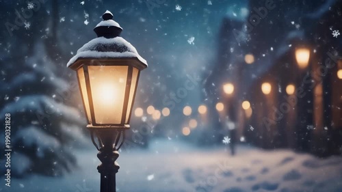 Glowing streetlamp on snowy evening, falling snowflakes, warmly lit lamps along street, buildings and snow-covered trees, calm winter atmosphere.