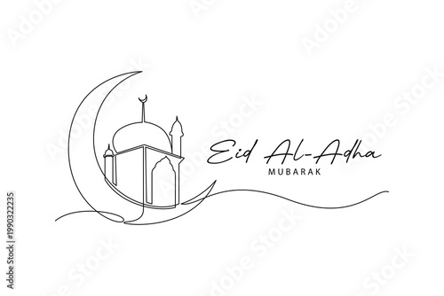Crescent Moon Mosque Eid Mubarak Illustration. Eid Al adha Concept. Single line draw design .Vector Icon graphic illustration