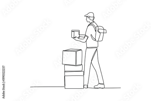 Simple continuous line draw group of courier and warehouse activity. Courier activity minimalist concept, warehouse activity minimalist concept.
