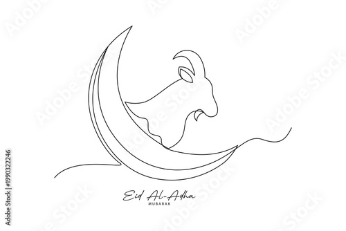 Goat Inside Crescent Moon Eid Symbol. Eid Al adha Concept. Single line draw design .Vector Icon graphic illustration
