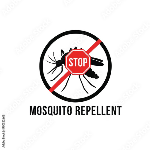 Mosquito repellent icon with stop signs and insect silhouette on white background