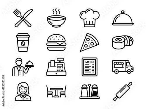 Set of food restaurant cooking vector line icons various dishes kitchen tools dining elements service staff isolated on white background with rolling pin fast food collection restaurant hamburger