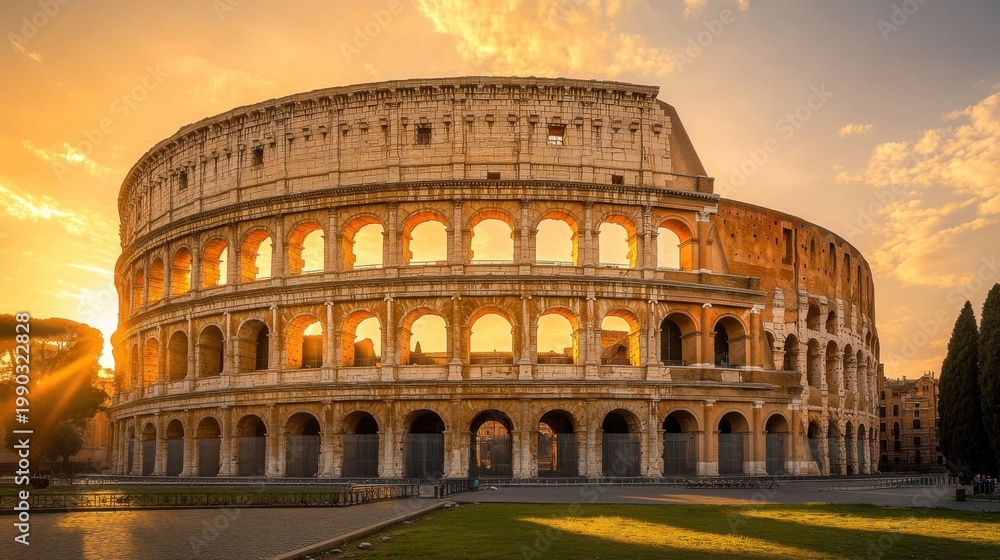 Fototapeta premium Captivating sunrise over the colosseum rome photography warm orange glow ancient architecture