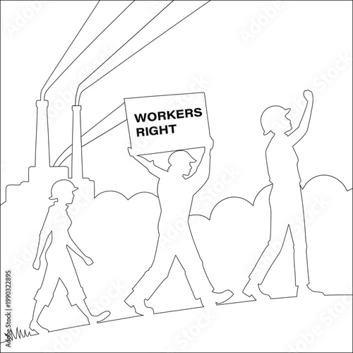 Protesters advocating for workers rights in a stylized black and white illustration