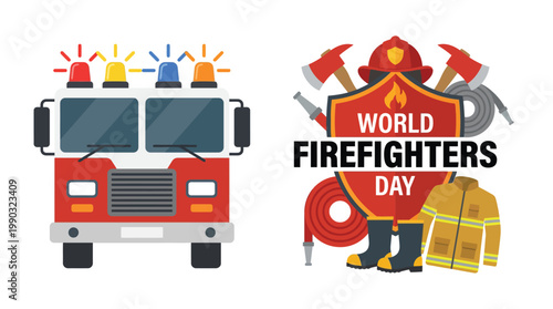 Firefighters teamwork group with truck celebrating World Firefighters Day vector scene