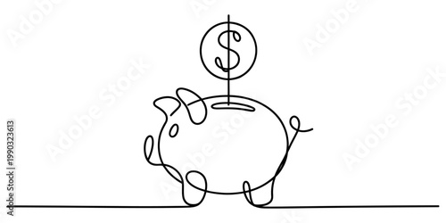 Continuous line drawing of a piggy bank with a dollar coin being inserted into the slot Vector, illustration