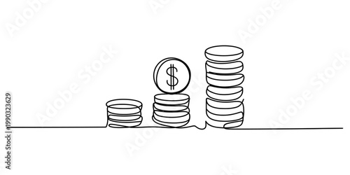 Continuous line drawing of increasing stacks of coins with a dollar sign on one stack. Vector, illustration