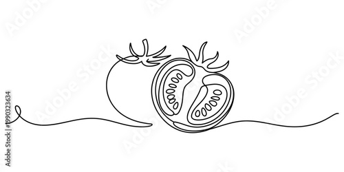 Minimalist one line art illustration of a whole tomato and a sliced tomato with seeds. Vector, illustration
