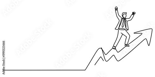 Continuous line drawing of a successful businessman standing on a rising arrow graph Vector, illustration