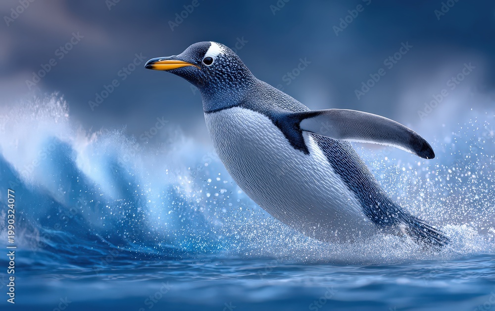 Fototapeta premium Penguin Surfing Wave in Ocean