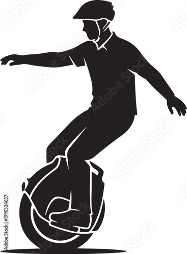 Electric unicycle rider silhouette, balance bike vector, black helmet, urban transportation icon