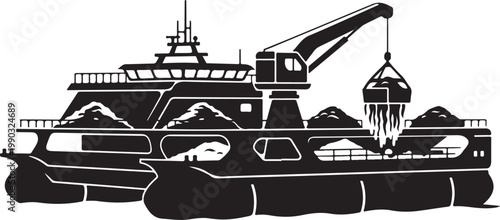 Black, industrial tugboat, crane ship, barge vector
