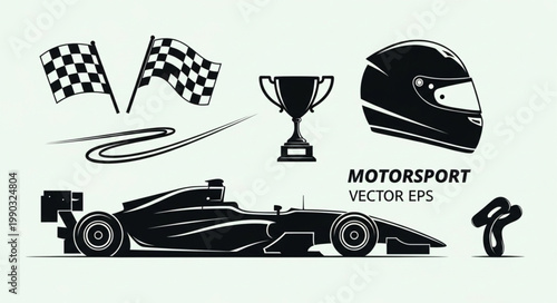 Motorsport racing elements including car helmet trophy flags and track.