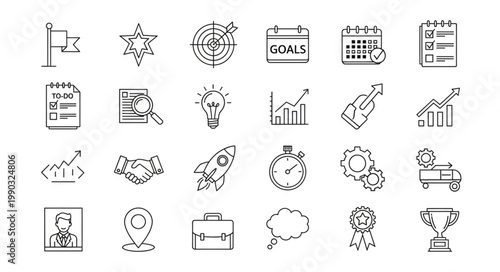 Collection of Business and Strategy Icons Hand Drawn Style.