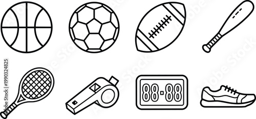 Sports Equipment Icon Set Featuring Basketball Soccer Ball American Football Baseball Bat Tennis Racket Whistle Scoreboard And Running Shoe For Athletics Fitness And Competition Graphic Design