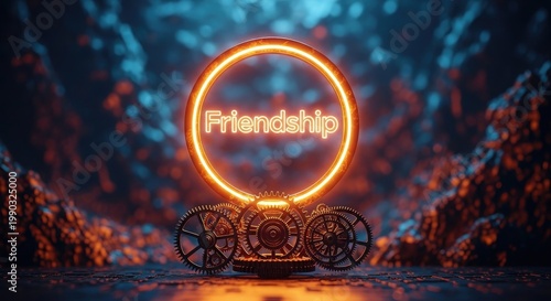 Neon 'friendship' sign above intricate machinery in a dark futuristic setting