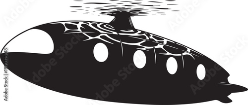 Black submarine vector, cracked hull design, ocean exploration icon, nautical symbol