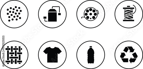 Sustainable Textile Industry Icons Featuring Plastic Recycling Process From Bottles To Polyester Yarn Fabric Weaving And Clothing Manufacturing For Eco Friendly Fashion Graphic Design