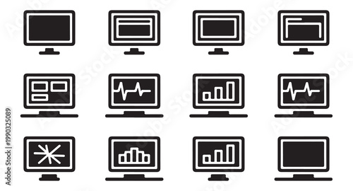 Desktop monitor icons featuring various screen contents including charts graphs and waves.