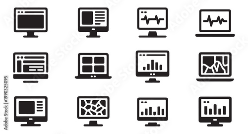 Monitor display interface symbols with data visualization analytics and cracked glass icon.
