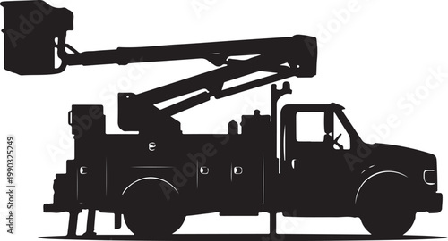 Black silhouette utility truck, bucket truck, construction vehicle, equipment icon
