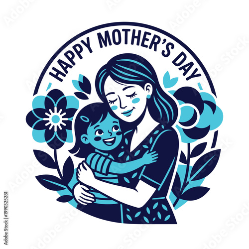 Heartwarming 2D vector illustration of a loving mother embracing her child for Mother's Day. Circular design with floral elements, symbolizing maternal love, family bonds, and pure joy