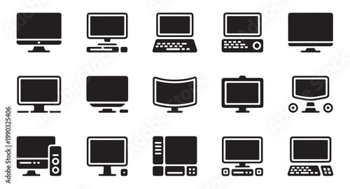 Flat design icons of desktop computers and laptops for technology concept.