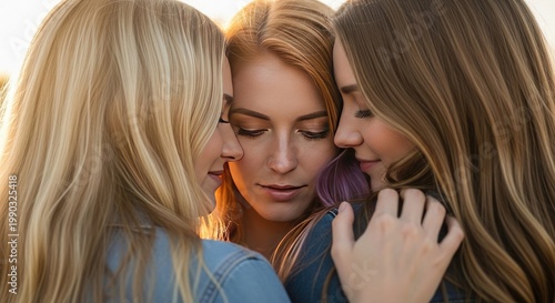 Three women in close proximity sharing an intimate moment of connection